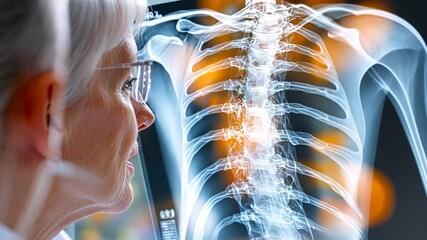 Elderly woman analyzing spine x-ray in medical setting with professional focus. - Powered by Adobe