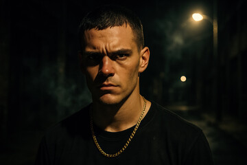 Fototapeta premium Tough man in chain necklace standing in dark street with urban grit and glare. generative AI 
