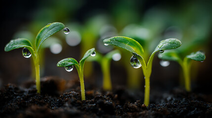 Close-up of young green sprouts with water droplets on leaves emerging from soil