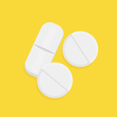 White pills on yellow background. Minimalistic composition featuring three white pills for illustrating pharmaceutical, healthcare, and medical concepts