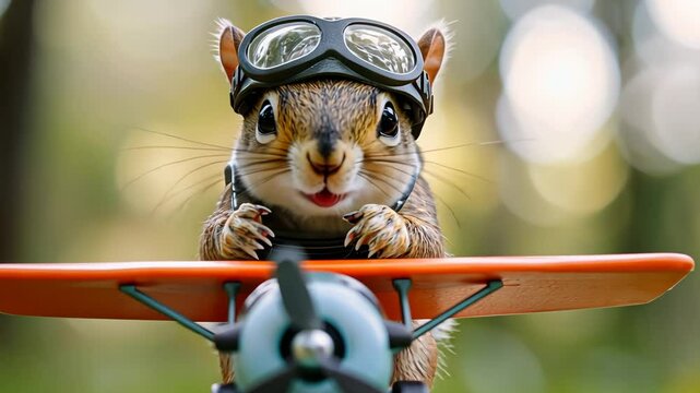 Adventurous squirrel pilot flying toy plane with goggles in forest setting.