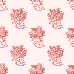 Seamless pattern with cowboy boots vase and beautiful bouquet of sunflowers and coquette bow ribbon. Wild West trendy background for wedding, holiday, birthday, cowgirls party. Rustic Boho Aesthetics