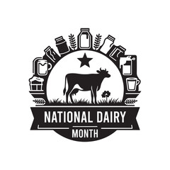 National Dairy Month Silhouette Vector Illustration, Solid White Background.