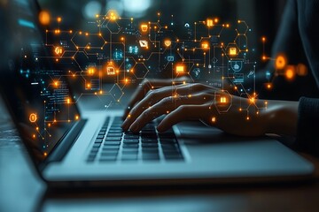 Person working on a laptop with glowing digital network overlay concept