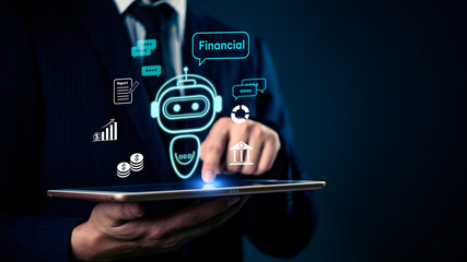 AI financial assistant robot interface on tablet screen. Fintech chatbot, digital banking, and automation in business finance innovation investment and money management modern virtual advisor systems.