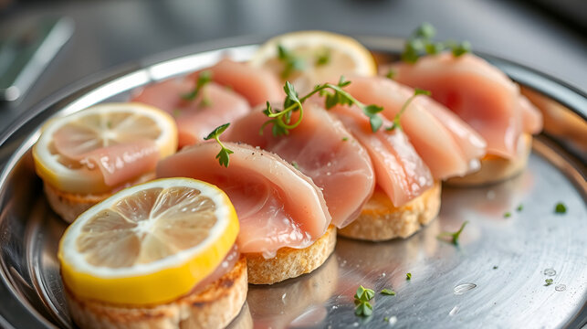 Delicate slices of Norwegian rokt laks, salted fish dish, elegantly layered on crisp bread, garnished with lemon and  fresh microgreens, served on a metallic tray.