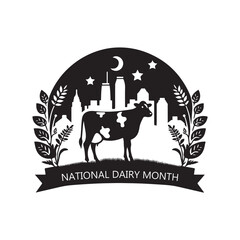 National Dairy Month Silhouette Vector Illustration, Solid White Background.