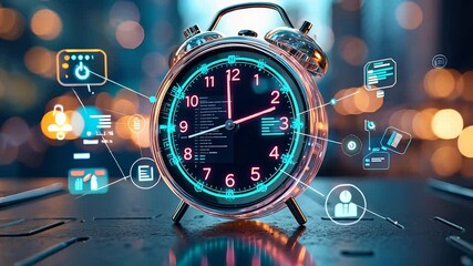 Futuristic clock with glowing digital interface holographic icons technology background time management concept in neon blue lights - Powered by Adobe