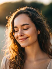 Young woman smiling gently in warm sunlight at peaceful outdoor setting emotionally content and serene experience