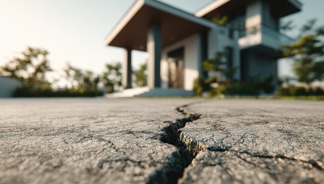 Driveway crack near modern house exterior
