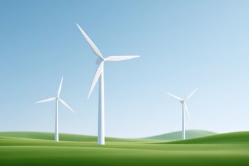 Fototapeta premium Group of white modern wind turbines standing tall against clear sky minimal background soft natural daylight smooth landscape, Selective Focus..