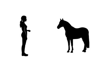 A black vector illustration shows the silhouette of a horse and woman, isolated like other farm animals