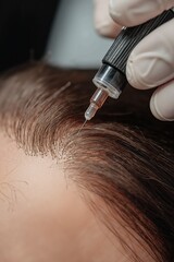 Naklejka premium Hair restoration injection on caucasian male scalp with medical glove and needle close-up