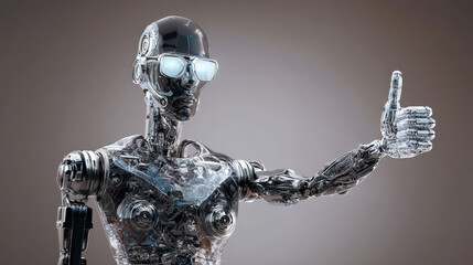 A futuristic robot with metallic features and glowing blue eyes gives a thumbs-up gesture, symbolizing positivity and innovation in technology