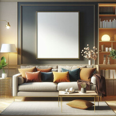 modern living room with empty photo frame sofa