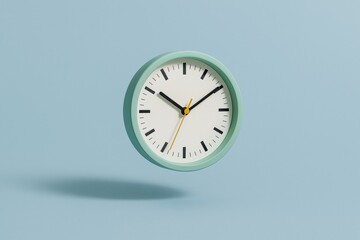 Floating Mint Green Clock Shows a Simple yet Timeless Design, Perfect for Time Management and Productivity Concepts.