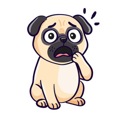 dog pug got scared and opened his mouth on white isolated background. Hand drawn vector illustration cute cartoon sticker