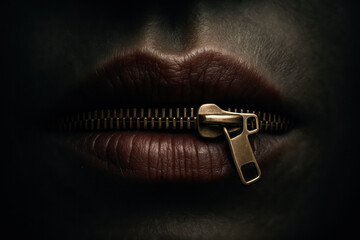 Close-up of lips sealed by zipper, symbolizing silence, censorship, and repression. generative AI