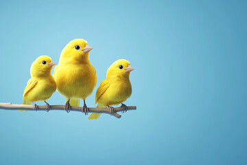 Naklejka premium Three vibrant yellow canaries perched on a branch against a soft blue background, showcasing their beauty