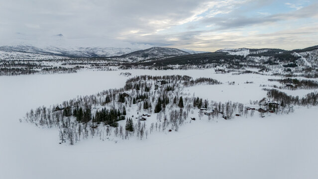 Aerial winter view over Nordic forest and mountains