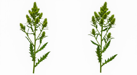 Two green flower stalks of an unknown plant set against a clean white background with detailed leaves.