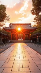 Naklejka premium Sunset illuminating traditional japanese temple gate with vibrant colors and symmetrical architecture