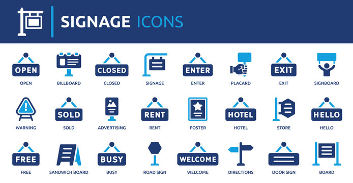 Signage icon set. Containing sign as billboard, road sign, advertising, directions, warning, placard, signboard, door sign and more. Solid vector icons collection.