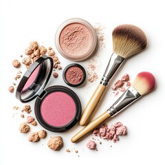 Cosmetic powder and brushes arranged beautifully on white background