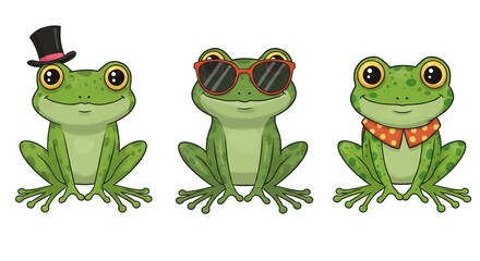 Three Cartoon Frogs Wearing Accessories Illustration
