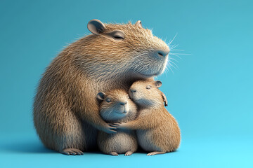 Fototapeta premium A capybara gently embraces its two adorable young, set against a soft blue background, conveying warmth and affection