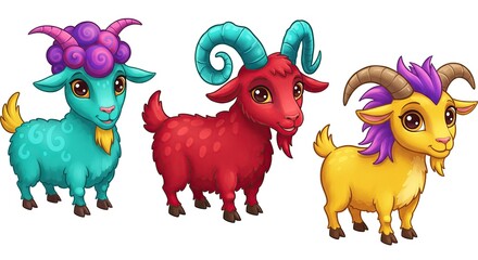 Naklejka premium Three Cute Cartoon Goats Red Blue Yellow Kids Illustration