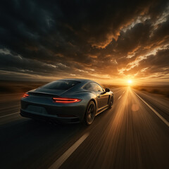 Fototapeta premium Speeding car on open road at sunset, symbolizing freedom and adrenaline at golden hour. generative AI