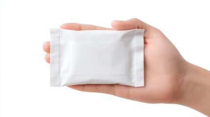 A person's hand holds a small rectangular white foil packet with a blank white label on a clean white background ready for product placement and advertising use.