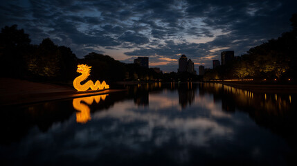 Obraz premium Luminous Chinese dragon sculpture glows vividly against a dark sky, creating a captivating urban spectacle.