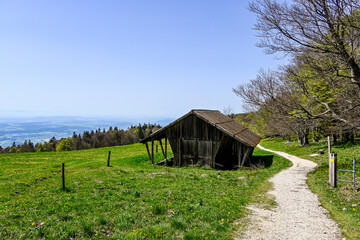 Weissenstein, Hausberg, Aussichtspunkt, Wanderweg, Röti, Hasenmatt, Mittelland, Jura, Kalkfelsen, Aare, Fluss, Landwirtschaft, Bergwiese, Frühling, Alpenpanorama, Solothurn, Schweiz