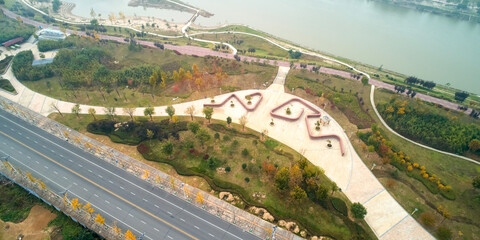 Aerial photography of riverside park green space