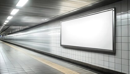 An underground passage with gray-white tiles, blank white billboard, ceiling lights, and gray flooring.