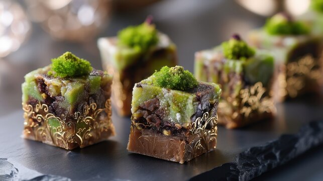 Exquisite gourmet confectionery: luxurious pistachio chocolate delights for elegant dessert presentation