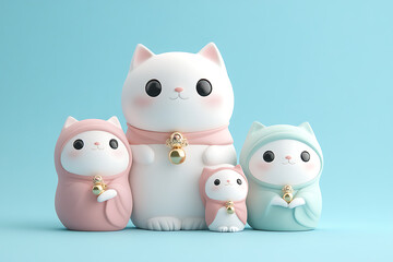 Adorable family of cartoon cat figurines in pastel colors, set against a soft blue background