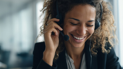 young Black woman customer support agent smiling while taking a call with a headset, clean office background