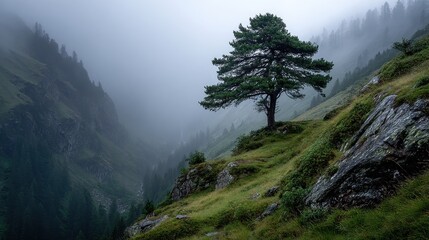 Obraz premium Serene mountain landscape with lone tree in misty fog for nature inspiration
