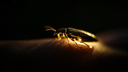 Macro photograph of a firefly resting on a human finger, glowing, emotionally intimate composition.