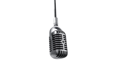 Classic vintage microphone hanging against a white background, showcasing its retro design and timeless appeal