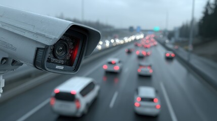 Fototapeta premium Traffic surveillance camera monitoring highway during overcast day for safety