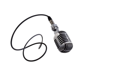 Classic vintage microphone hanging against a white background, showcasing its retro design and timeless appeal