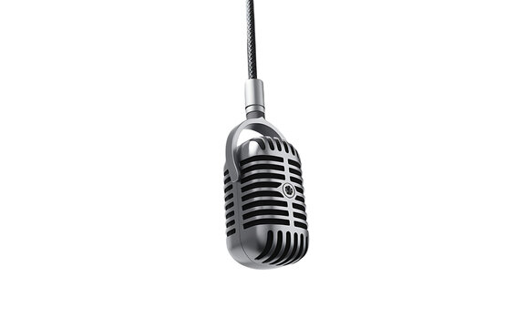 Classic vintage microphone hanging against a white background, showcasing its retro design and timeless appeal