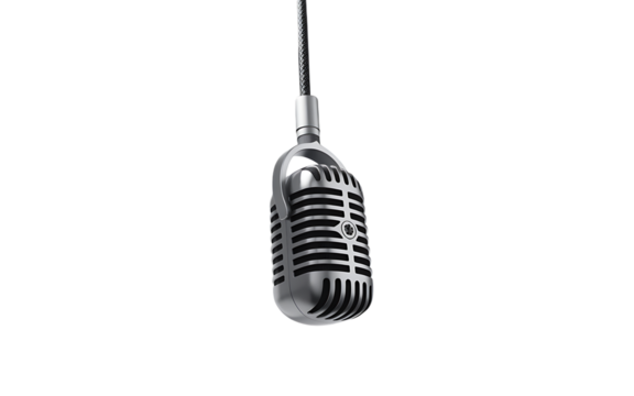 Classic vintage microphone hanging against a white background, showcasing its retro design and timeless appeal