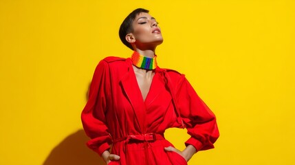A stylish individual, radiating confidence, wears a rainbow necklace with a bright yellow background.