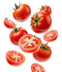 Vibrant Red Tomatoes Cascade Isolated on Transparent Background. Falling Tomato Slices PNG.