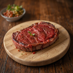 Obraz premium Beef steak on wooden table